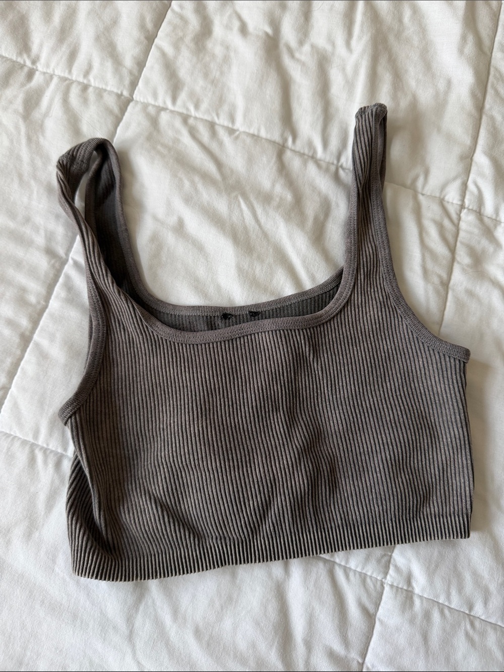 Zara Ribbed Square-Neck Crop Top - Gray Brown